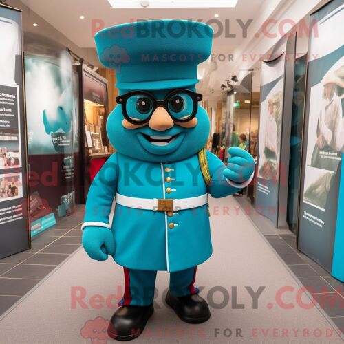 Costume De Mascotte Redbrokoly De La Garde Royale Britannique Bleu Sarcelle Habillé D Un Pantalon De Jogging Et De Lunettes