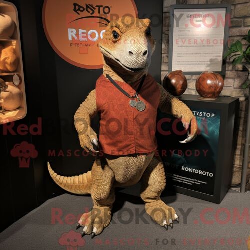 Costume De Mascotte Redbrokoly De Dragon De Komodo Rouillé Habillé D Un T-Shirt Henley Et D Un Porte-Monnaie