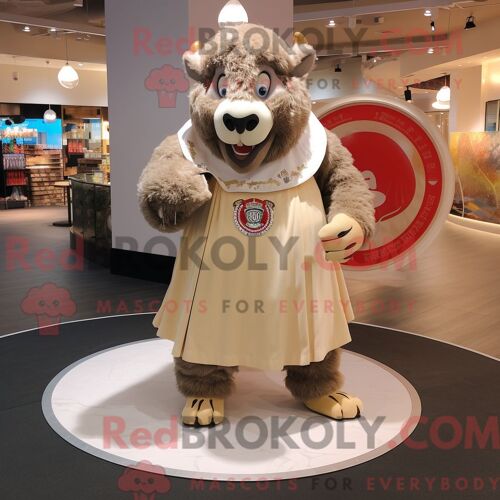 Costume De Mascotte Redbrokoly De Bison Beige Habillé D Une Jupe Circulaire Et D Un Porte-Monnaie