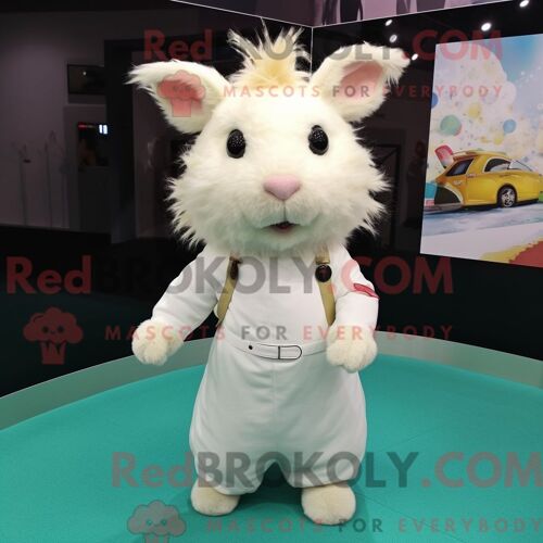 Costume Mascotte Redbrokoly De Cochon D Inde Blanc Personnage Habillé D Une Combishort Et De Pinces À Cheveux