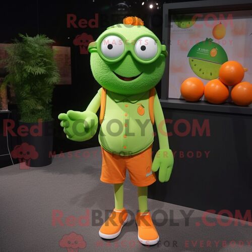 Personnage De Costume De Mascotte Redbrokoly Vert Citron Orange Habillé Avec Une Chemise Henley Et Des Lunettes