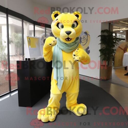 Costume De Mascotte Redbrokoly De Panthère Jaune Citron Personnage Habillé Avec Une Robe Midi Et Des Clips Pour Écharpe