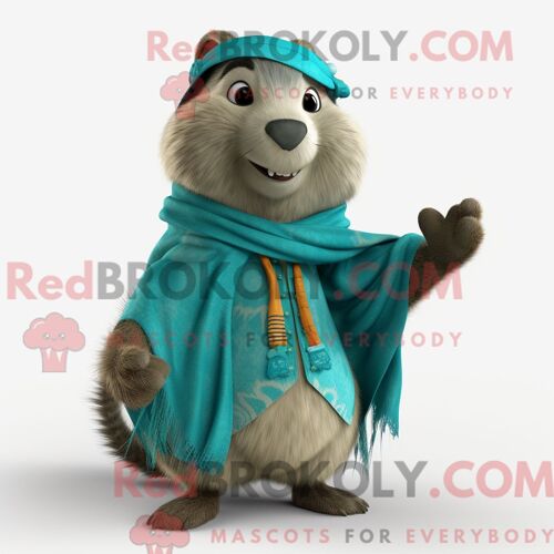 Costume Mascotte Redbrokoly De Marmotte Turquoise Personnage Habillé Avec Un Gilet Et Des Châles