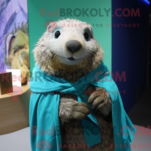 Costume Mascotte Redbrokoly De Marmotte Turquoise Personnage Habillé Avec Un Gilet Et Des Châles