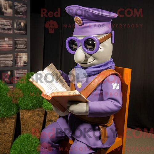 Costume De Mascotte Redbrokoly De Soldat De La Guerre Civile Lavande Personnage Habillé Avec Un Sweat-Shirt Et Des Lunettes De Lecture