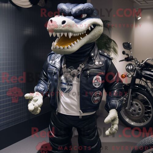Costume Mascotte Redbrokoly De Crocodile Bleu Marine Personnage Habillé D Une Veste De Motard Et De Colliers