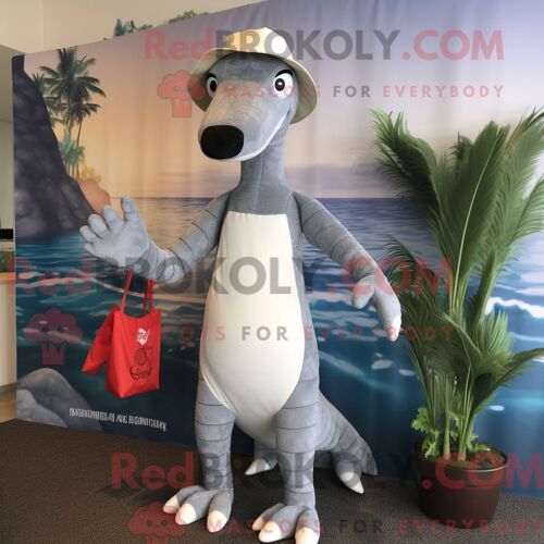 Costume Mascotte Redbrokoly De Brachiosaure Gris Personnage Habillé D Un Maillot De Bain Et De Bonnets