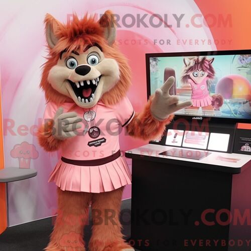Personnage De Costume De Mascotte Redbrokoly De Loup-Garou De Pêche Habillé Avec Une Jupe Plissée Et Des Montres Numériques