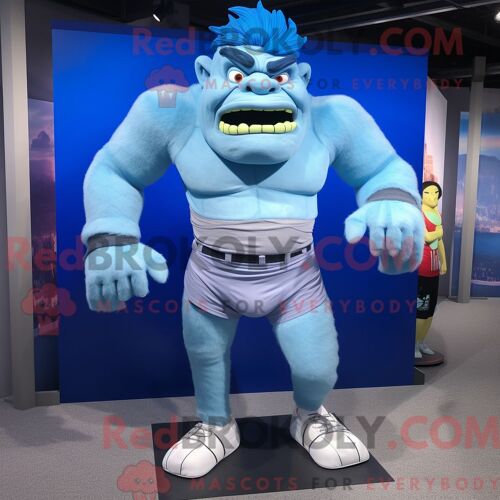 Costume Mascotte Redbrokoly De Monstre De Frankenstein Bleu Ciel Habillé Avec Un Short De Course Et Des Ceintures