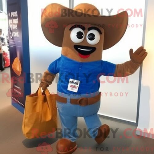 Costume De Mascotte Redbrokoly De Fajitas Marron Habillé D Une Chemise En Jean Et De Sacs Fourre-Tout