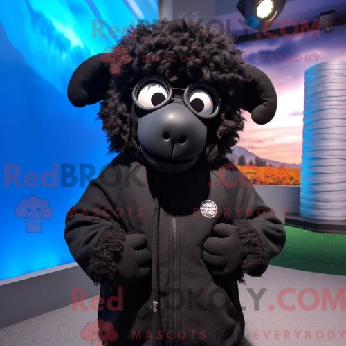 Costume De Mascotte Redbrokoly De Mouton Noir Du Suffolk Habillé Avec Un Sweat À Capuche Et Des Lunettes