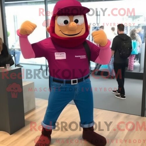 Personnage Mascotte Redbrokoly Magenta Para Commando Habillé Avec Un Jean Et Un Bracelet Montres