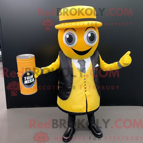 Costume De Mascotte Redbrokoly De Canette De Soda Jaune Personnage Habillé Avec Un Gilet Et Des Porte-Documents