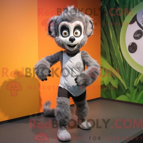Costume De Mascotte Redbrokoly De Lémurien Gris Habillé D Un Short De Course Et De Ceintures