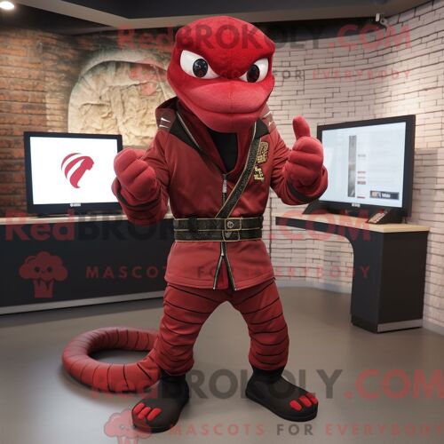 Costume De Mascotte Redbrokoly De Serpent Rouge Habillé D Une Veste Et De Ceintures