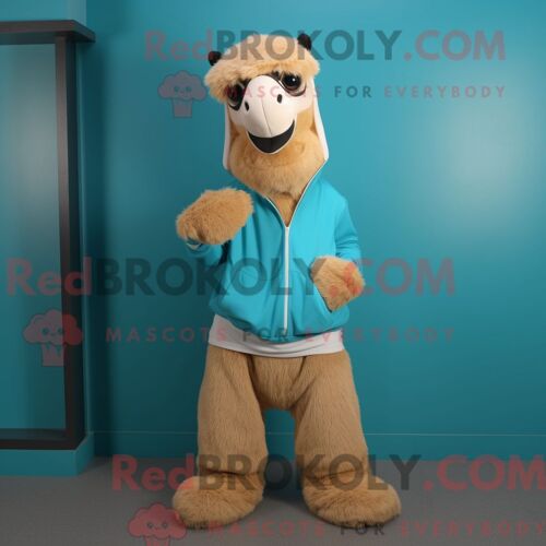 Costume De Mascotte Redbrokoly De Chameau Cyan Habillé D Un Sweat-Shirt Et De Ceintures De Smoking