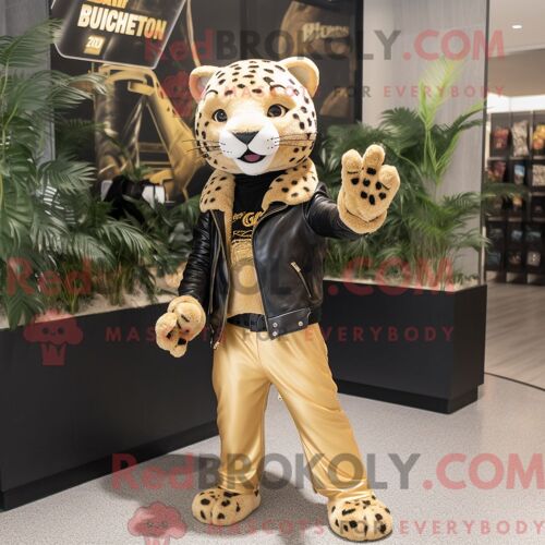 Personnage De Costume De Mascotte Redbrokoly De Léopard Doré Habillé D Une Veste En Cuir Et De Sacs Fourre-Tout