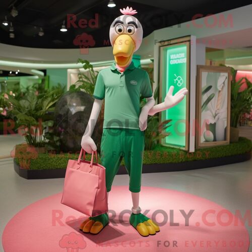 Personnage De Costume De Mascotte Redbrokoly De Flamant Vert Habillé D Un Pantalon De Jogging Et De Sacs Fourre-Tout
