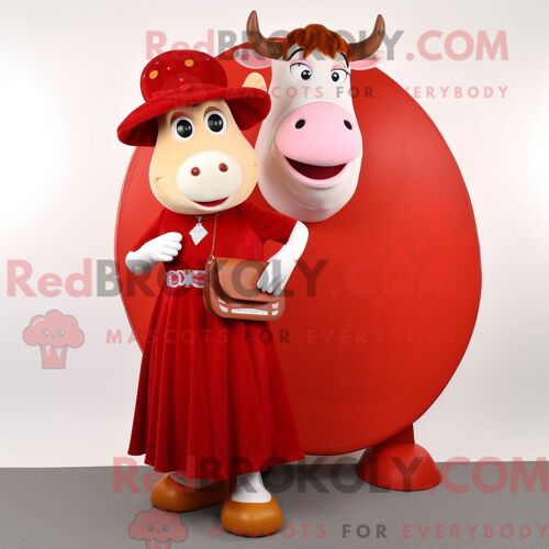 Costume De Mascotte Redbrokoly De Vache Hereford Rouge Habillé D Une Jupe Longue Et D Un Porte-Monnaie