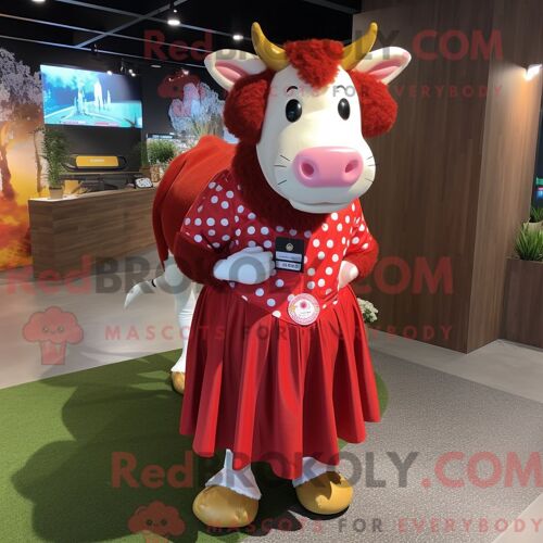 Costume De Mascotte Redbrokoly De Vache Hereford Rouge Habillé D Une Jupe Longue Et D Un Porte-Monnaie