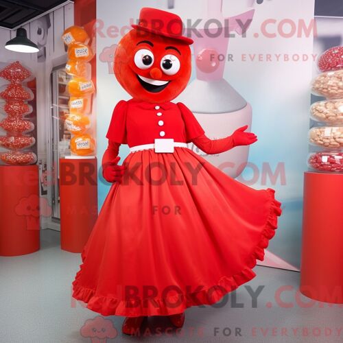 Personnage Mascotte Redbrokoly De Red Candy Habillé Avec Une Jupe Longue Et Des Boutons De Manchette