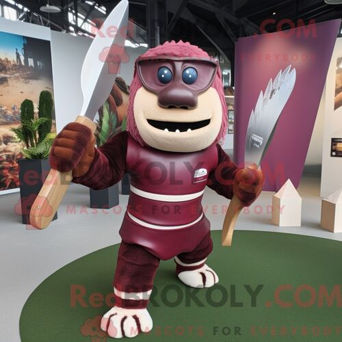 Personnage De Costume De Mascotte Redbrokoly De Lanceur De Couteaux Marron Habillé Avec Une Chemise De Rugby Et Des Écharpes