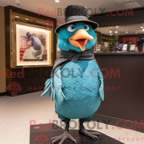 Costume Mascotte Redbrokoly De Merle Turquoise Personnage Habillé Avec Une Jupe Et Des Bérets