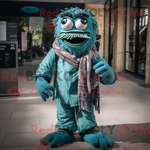 Costume De Mascotte Redbrokoly De Frankenstein Bleu Sarcelle Habillé Avec Un Pantalon Et Des Pinces Pour Écharpe