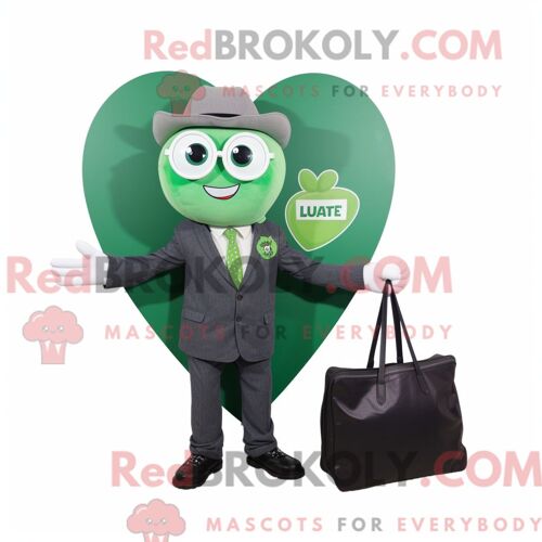 Personnage De Costume De Mascotte Redbrokoly De Coeur Vert Habillé D Un Blazer Et De Sacs Fourre-Tout
