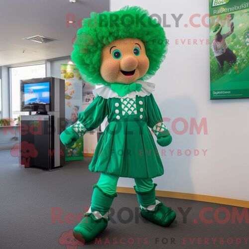 Costume De Mascotte Redbrokoly De Danseuse Irlandaise Verte Personnage Habillé D Un Pantalon Et De Boucles D Oreilles
