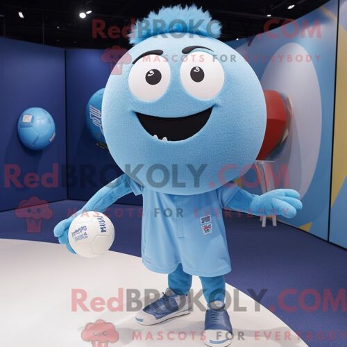 Costume Mascotte Redbrokoly De Ballon De Handball Bleu Ciel Personnage Habillé Avec Un Pull Et Des Épingles À Cheveux