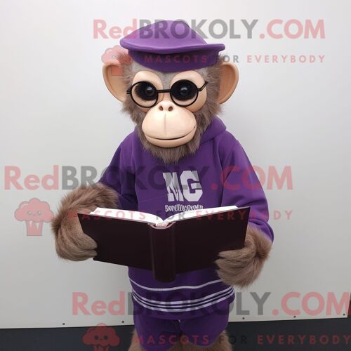 Costume De Mascotte Redbrokoly De Singe Capucin Violet Habillé D Un T-Shirt À Manches Longues Et De Lunettes De Lecture