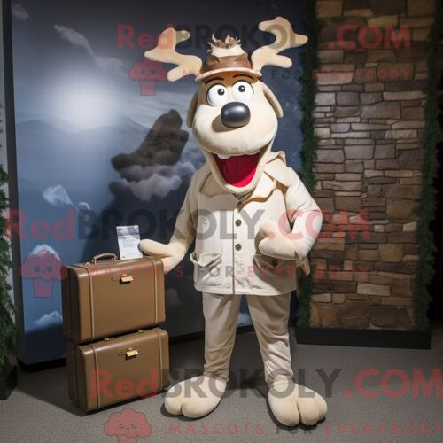 Costume De Mascotte Redbrokoly De Renne Crème Personnage Habillé D Un T-Shirt Henley Et De Porte-Documents