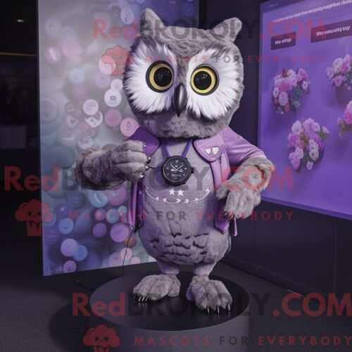 Personnage Mascotte Redbrokoly De Hibou Lavande Habillé Avec Un T-Shirt Graphique Et Des Montres Intelligentes