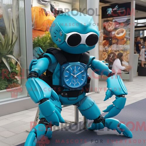 Costume De Mascotte Redbrokoly De Crabe Turquoise Habillé D Une Veste De Moto Et De Montres-Bracelets