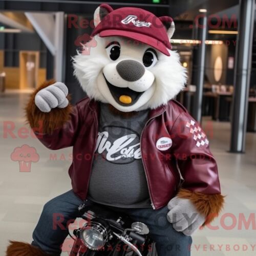 Costume De Mascotte Redbrokoly De Blaireau Marron Habillé D Une Veste De Motard Et De Bonnets