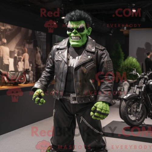 Costume De Mascotte Redbrokoly De Frankenstein Vert Forêt Habillé D Une Veste De Motard Et De Ceintures