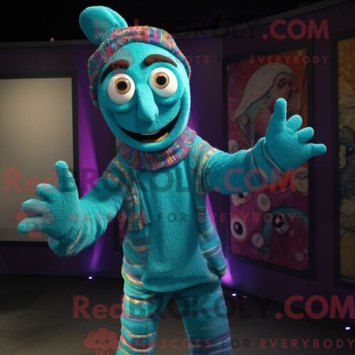 Costume Mascotte Redbrokoly De Contorsionniste Turquoise Habillé D Un Cardigan Et De Bracelets