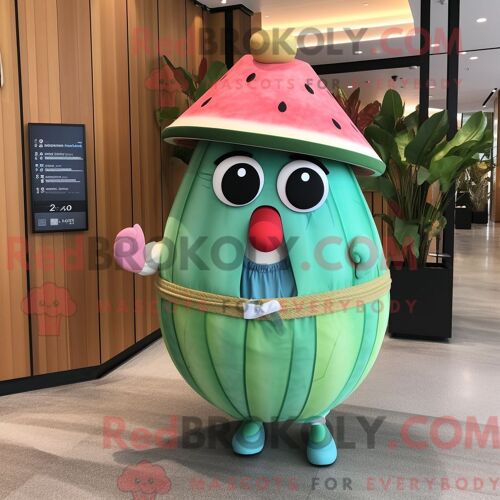Personnage De Costume De Mascotte Redbrokoly De Pastèque Cyan Habillé Avec Une Jupe Longue Et Des Portefeuilles