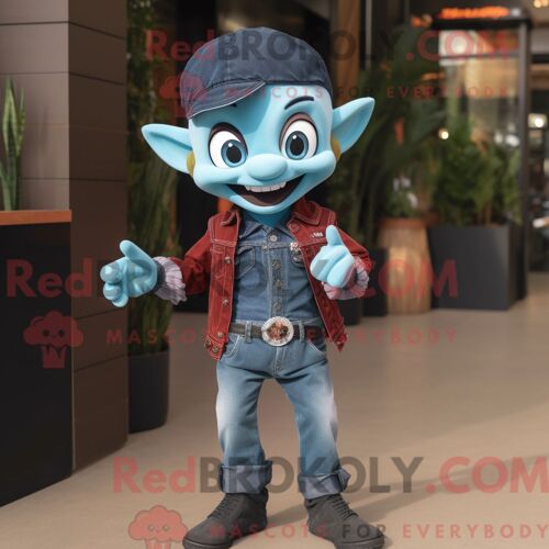 Personnage De Costume De Mascotte Redbrokoly De Lanceur De Couteaux Cyan Habillé Avec Un Sweat À Capuche Et Des Sacs Messager