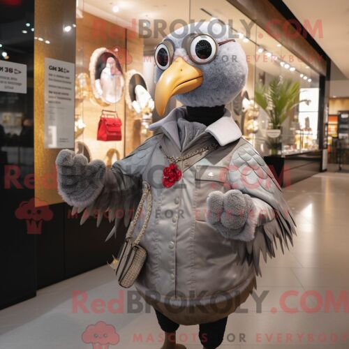Costume De Mascotte Redbrokoly De Pintade Grise Habillé D Un Blouson Aviateur Et D Un Porte-Monnaie