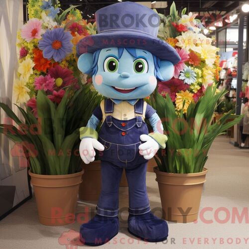Costume Mascotte Redbrokoly De Bouquet De Fleurs Bleu Marine Personnage Habillé Avec Un Jean Évasé Et Des Bretelles