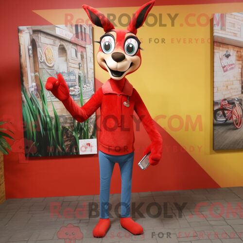 Costume Mascotte Redbrokoly De Gazelle Rouge Habillé Avec Un Jean Skinny Et Des Pochettes