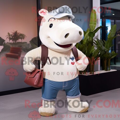 Costume De Mascotte Redbrokoly De Tapir Crème Personnage Habillé Avec Un Jean Boyfriend Et Un Porte-Monnaie