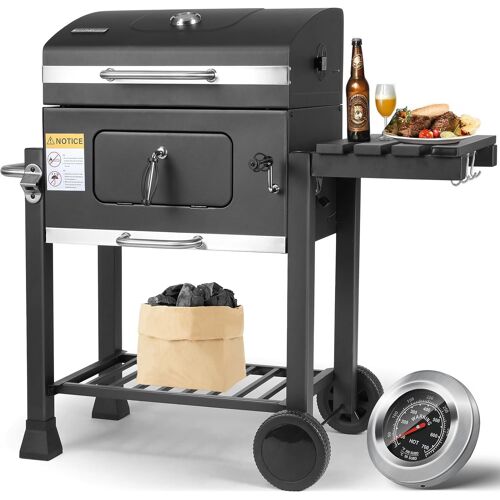 Barbecue au charbon de bois, grille, avec roues et thermomètre, barbecue fumeur, 116,3 x 106 x 56 cm - Noir