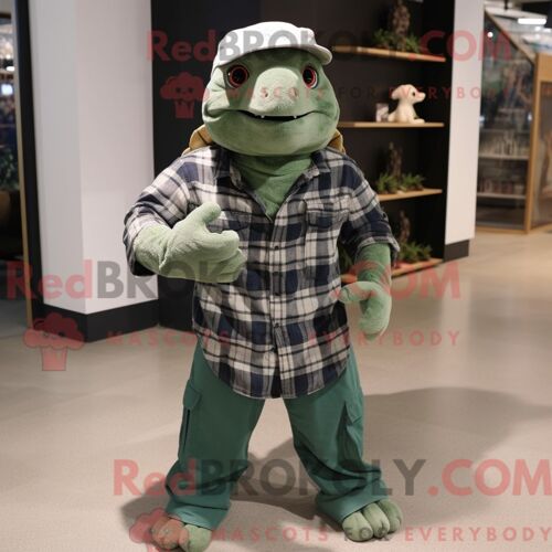 Costume De Mascotte Redbrokoly De Tortue De Mer Verte Forêt Personnage Habillé Avec Une Chemise En Flanelle Et Des Casquettes