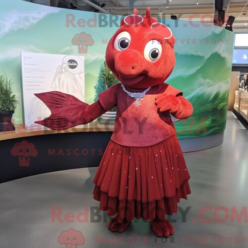 Costume De Mascotte Redbrokoly De Saumon Marron Habillé Avec Une Jupe Plissée Et Des Montres