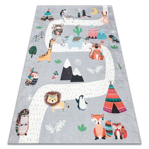 140x190 Cm Tapis Lavable Bambino 2160 Rues, Village Indien, Animaux Pour Enfants, Antidérapant - Gris