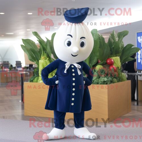 Costume De Mascotte Redbrokoly De Radis Bleu Marine Personnage Habillé Avec Un Legging Et Des Boutons De Manchette