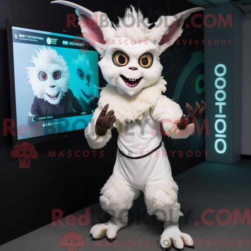Costume Mascotte Redbrokoly Chupacabra Blanc Habillé D Une Mini Robe Et De Montres Numériques